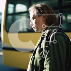 Intra Συλλεκτικό Ξύλινο Παζλ Plywood  4mm - Άνθρωπος στο πεζοδρόμιο με κίτρινο σχολικό λεωφορείο στο παρασκήνιο Σε Ξύλινο Κουτί - Διαστάσεις Puzzle: 10x10 cm – 25 κομμάτια