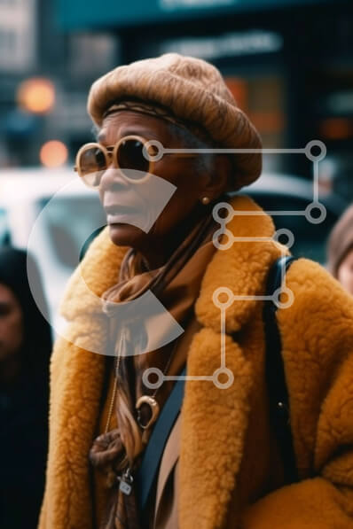 Intra Συλλεκτικό Ξύλινο Παζλ Plywood  4mm - Ηλικιωμένη γυναίκα με κίτρινο γούνινο παλτό που περπατά στην οδό της πόλης Σε Ξύλινο Κουτί - Διαστάσεις Puzzle: 10x10 cm – 25 κομμάτια