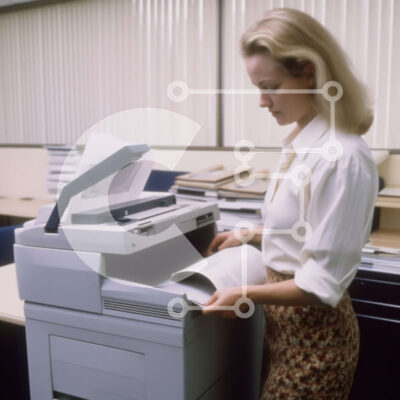 Intra Συλλεκτικό Ξύλινο Παζλ Plywood  4mm - Γυναίκα που στέκεται μπροστά από τον εκτυπωτή και ελέγχει το έγγραφο Σε Ξύλινο Κουτί - Διαστάσεις Puzzle: 10x10 cm – 25 κομμάτια - Image 1