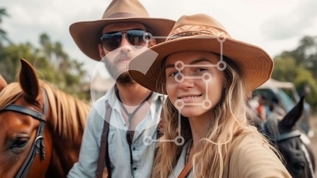 Intra Συλλεκτικό Ξύλινο Παζλ Plywood  4mm - Ζευγάρι με καουμπόικο καπέλο ιππασίας σε ένα όμορφο αγροτικό περιβάλλον Σε Ξύλινο Κουτί - Διαστάσεις Puzzle: 10x10 cm – 25 κομμάτια