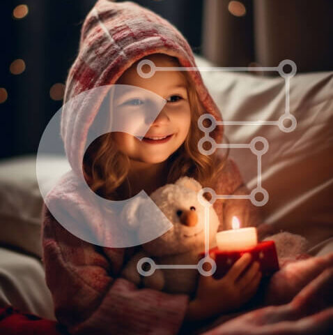 Intra Συλλεκτικό Ξύλινο Παζλ Plywood 4mm - Χαμογελώντας νεαρή κοπέλα με κερί και παραγεμισμένο ζώο στο κρεβάτι Σε Ξύλινο Κουτί - Διαστάσεις Puzzle: 10x10 cm – 25 κομμάτια - Image 1