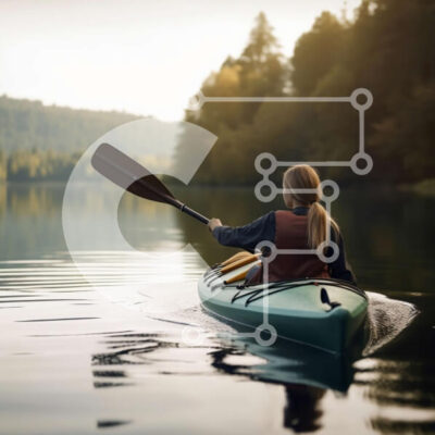 Intra Συλλεκτικό Ξύλινο Παζλ Plywood  4mm - Γραφική φωτογραφία γυναίκας που κάνει καγιάκ σε ήρεμη λίμνη με θέα στο βουνό Σε Ξύλινο Κουτί - Διαστάσεις Puzzle: 10x10 cm – 25 κομμάτια - Image 1