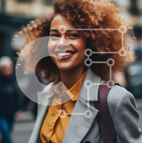 Intra Συλλεκτικό Ξύλινο Παζλ Plywood 4mm - Ευτυχισμένη νεαρή γυναίκα με σακίδιο που περπατά σε έναν πολυσύχναστο δρόμο της πόλης Σε Ξύλινο Κουτί - Διαστάσεις Puzzle: 10x10 cm – 25 κομμάτια - Image 1