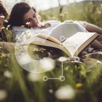 Intra Συλλεκτικό Ξύλινο Παζλ Plywood  4mm - Ρομαντική εικόνα του ζευγαριού που διαβάζει σε αγριολούλουδα μια καθαρή μέρα Σε Ξύλινο Κουτί - Διαστάσεις Puzzle: 10x10 cm – 25 κομμάτια - Image 1