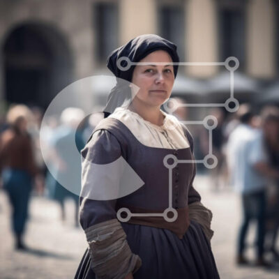 Intra Συλλεκτικό Ξύλινο Παζλ Plywood  4mm - Σοβαρή γυναίκα με αναγεννησιακό φόρεμα στην Cobblestone Street Σε Ξύλινο Κουτί - Διαστάσεις Puzzle: 10x10 cm – 25 κομμάτια - Image 1