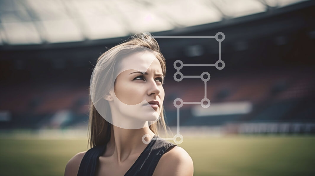 Intra Συλλεκτικό Ξύλινο Παζλ Plywood  4mm - Νεαρή γυναίκα συλλογίζεται στο γήπεδο ποδοσφαίρου με το στάδιο στο φόντο Σε Ξύλινο Κουτί - Διαστάσεις Puzzle: 10x10 cm – 25 κομμάτια