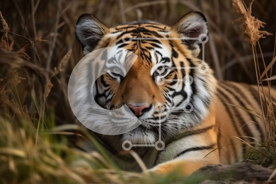 Intra Συλλεκτικό Ξύλινο Παζλ Plywood  4mm - Όμορφη εικόνα μιας τίγρης που βρίσκεται στο ψηλό γρασίδι Σε Ξύλινο Κουτί - Διαστάσεις: 10x10 cm – 25 κομμάτια