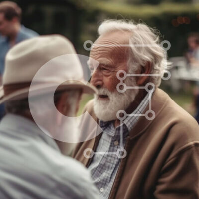 Intra Συλλεκτικό Ξύλινο Παζλ Plywood 4mm - Ηλικιωμένοι άνδρες με καπέλα και γυαλιά ηλίου που μιλούν σε μια καθαρή μέρα Σε Ξύλινο Κουτί - Διαστάσεις Puzzle: 10x10 cm – 25 κομμάτια - Image 1