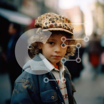 Intra Συλλεκτικό Ξύλινο Παζλ Plywood  4mm - Πορτρέτο ενός νεαρού αγοριού με καπέλο με λεοπάρ τύπωμα σε έναν δρόμο της πόλης Σε Ξύλινο Κουτί - Διαστάσεις Puzzle: 10x10 cm – 25 κομμάτια - Image 1