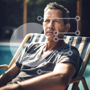 Intra Συλλεκτικό Ξύλινο Παζλ Plywood  4mm - Σοβαρός άνδρας που κάθεται δίπλα στην πισίνα με φοίνικες στο παρασκήνιο Σε Ξύλινο Κουτί - Διαστάσεις Puzzle: 10x10 cm – 25 κομμάτια