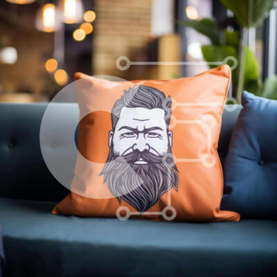 Intra Συλλεκτικό Ξύλινο Παζλ Plywood  4mm - Πορτοκαλί μαξιλάρι με γενειοφόρο πρόσωπο σε μπλε καναπέ Σε Ξύλινο Κουτί - Διαστάσεις Puzzle: 10x10 cm – 25 κομμάτια - Image 1