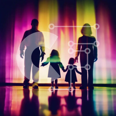 Intra Συλλεκτικό Ξύλινο Παζλ Plywood  4mm - Ευτυχισμένη οικογενειακή σιλουέτα μπροστά από πολύχρωμο φωτισμένο σκηνικό Σε Ξύλινο Κουτί - Διαστάσεις Puzzle: 10x10 cm – 25 κομμάτια - Image 1