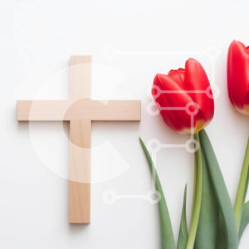 Intra Συλλεκτικό Ξύλινο Παζλ Plywood  4mm - Ξύλινος σταυρός και κόκκινες τουλίπες σε λευκό φόντο Σε Ξύλινο Κουτί - Διαστάσεις Puzzle: 10x10 cm – 25 κομμάτια - Image 1