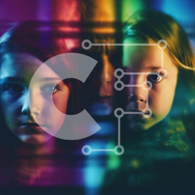 Intra Συλλεκτικό Ξύλινο Παζλ Plywood  4mm - Τρία νεαρά κορίτσια που στέκονται μπροστά από πολύχρωμο φόντο Σε Ξύλινο Κουτί - Διαστάσεις Puzzle: 10x10 cm – 25 κομμάτια - Image 1