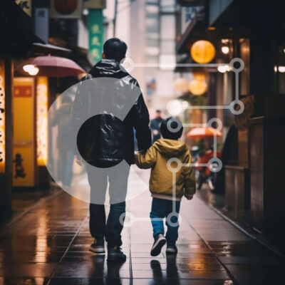 Intra Συλλεκτικό Ξύλινο Παζλ Plywood  4mm - Πατέρας και παιδί περπατούν στη βροχή με ομπρέλες Σε Ξύλινο Κουτί - Διαστάσεις Puzzle: 10x10 cm – 25 κομμάτια - Image 1