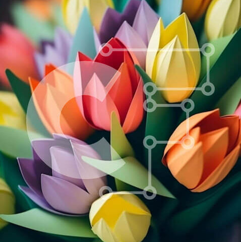 Intra Συλλεκτικό Ξύλινο Παζλ Plywood  4mm - Πολύχρωμο χάρτινο μπουκέτο με τουλίπα Σε Ξύλινο Κουτί - Διαστάσεις Puzzle: 10x10 cm – 25 κομμάτια - Image 1