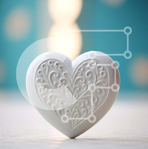 Intra Συλλεκτικό Ξύλινο Παζλ Plywood 4mm - Λευκό αντικείμενο σε σχήμα καρδιάς σε ξύλινο τραπέζι με λουλουδάτα σχέδια Σε Ξύλινο Κουτί - Διαστάσεις: 10x10 cm – 25 κομμάτια - Image 1