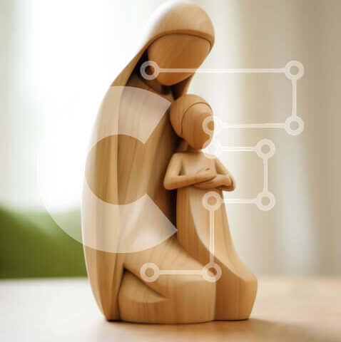 Intra Συλλεκτικό Ξύλινο Παζλ Plywood 4mm - Ξύλινο άγαλμα της Παναγίας και του παιδιού σε δρύινο τραπέζι Σε Ξύλινο Κουτί - Διαστάσεις Puzzle: 10x10 cm – 25 κομμάτια - Image 1