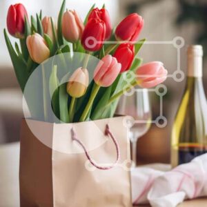 Intra Συλλεκτικό Ξύλινο Παζλ Plywood  4mm - Τουλίπες και κρασί για τον εορτασμό γενεθλίων ή επετείου Σε Ξύλινο Κουτί - Διαστάσεις: 10x10 cm – 25 κομμάτια