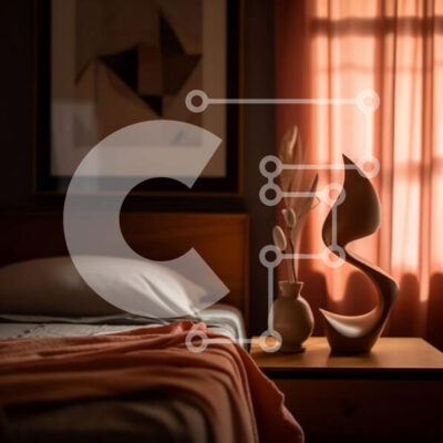 Intra Συλλεκτικό Ξύλινο Παζλ Plywood  4mm - Άνετη κρεβατοκάμαρα με το κρεβάτι, το κομοδίνο και το έργο τέχνης στον τοίχο Στοκ Φωτογραφία Σε Ξύλινο Κουτί - Διαστάσεις Puzzle: 10x10 cm – 25 κομμάτια - Image 1