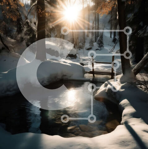 Intra Συλλεκτικό Ξύλινο Παζλ Plywood 4mm - Όμορφη σκηνή της φύσης με μικρό ρυάκι και χιονισμένα δέντρα Σε Ξύλινο Κουτί - Διαστάσεις: 10x10 cm – 25 κομμάτια - Image 1