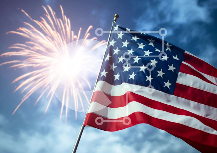 Intra Συλλεκτικό Ξύλινο Παζλ Plywood  4mm - Αμερικανική σημαία κυματίζει με πυροτεχνήματα στο παρασκήνιο Σε Ξύλινο Κουτί - Διαστάσεις: 10x10 cm – 25 κομμάτια