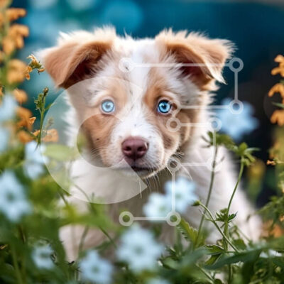 Intra Συλλεκτικό Ξύλινο Παζλ Plywood  4mm - Αξιολάτρευτο καφέ και λευκό κουτάβι με μπλε μάτια ανάμεσα σε λουλούδια Σε Ξύλινο Κουτί - Διαστάσεις: 10x10 cm – 25 κομμάτια - Image 1