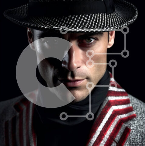 Intra Συλλεκτικό Ξύλινο Παζλ Plywood  4mm - Κομψός άντρας με καπέλο Fedora και ριγέ πουκάμισο Σε Ξύλινο Κουτί - Διαστάσεις Puzzle: 10x10 cm – 25 κομμάτια - Image 1