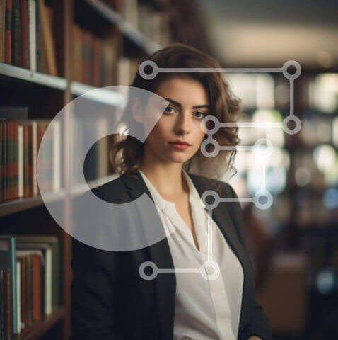 Intra Συλλεκτικό Ξύλινο Παζλ Plywood  4mm - Νεαρή γυναίκα με επιχειρησιακή-casual ενδυμασία στη βιβλιοθήκη Σε Ξύλινο Κουτί - Διαστάσεις Puzzle: 10x10 cm – 25 κομμάτια - Image 1