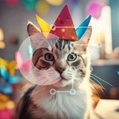 Intra Συλλεκτικό Ξύλινο Παζλ Plywood  4mm - Γάτα που φορά ένα καπέλο γενεθλίων με στολίδια πάρτι στο βάθος Σε Ξύλινο Κουτί - Διαστάσεις: 10x10 cm – 25 κομμάτια - Image 1