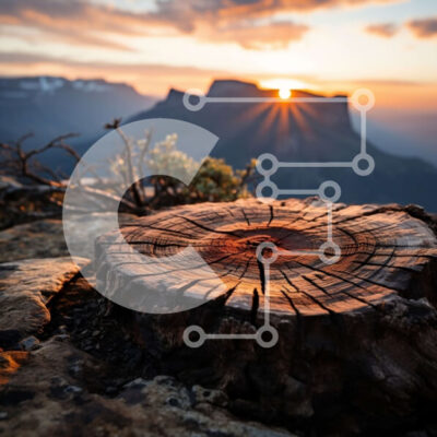 Intra Συλλεκτικό Ξύλινο Παζλ Plywood 4mm - Εκπληκτικό ηλιοβασίλεμα πάνω από τα μαγευτικά βουνά με το κούτσουρο δέντρου σε πρώτο πλάνο Σε Ξύλινο Κουτί - Διαστάσεις: 10x10 cm – 25 κομμάτια - Image 1