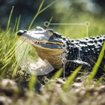 Intra Συλλεκτικό Ξύλινο Παζλ Plywood  4mm - Κοντινή όψη του κεφαλιού ενός αλιγάτορα σε μια χλοώδη περιοχή Σε Ξύλινο Κουτί - Διαστάσεις: 10x10 cm – 25 κομμάτια - Image 1