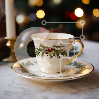 Intra Συλλεκτικό Ξύλινο Παζλ Plywood  4mm - Γιορτινό λευκό φλιτζάνι και πιατάκι με φύλλα πουρνάρι σε τραπεζομάντιλο Σε Ξύλινο Κουτί - Διαστάσεις: 10x10 cm – 25 κομμάτια - Image 1