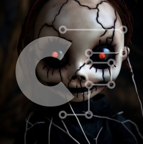 Intra Συλλεκτικό Ξύλινο Παζλ Plywood  4mm - Ανατριχιαστική κούκλα με κόκκινα μάτια και μαύρα μαλλιά Σε Ξύλινο Κουτί - Διαστάσεις Puzzle: 10x10 cm – 25 κομμάτια - Image 1