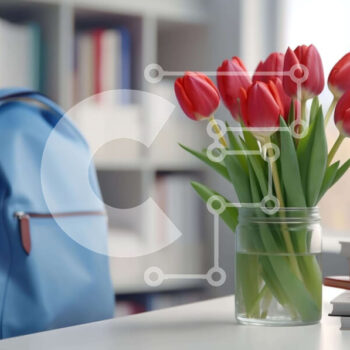 Intra Συλλεκτικό Ξύλινο Παζλ Plywood  4mm - Μπλε σακίδιο πλάτης, κόκκινες τουλίπες και βιβλία σε ένα τραπέζι Σε Ξύλινο Κουτί - Διαστάσεις Puzzle: 10x10 cm – 25 κομμάτια - Image 1