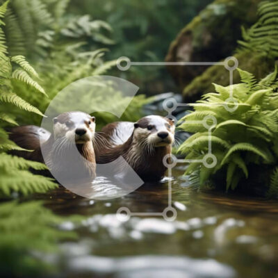 Intra Συλλεκτικό Ξύλινο Παζλ Plywood  4mm - Βίδρες που κολυμπούν σε ένα ρεύμα με φτέρες και φυτά Σε Ξύλινο Κουτί - Διαστάσεις: 10x10 cm – 25 κομμάτια - Image 1