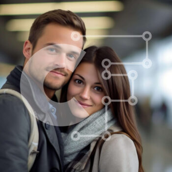 Intra Συλλεκτικό Ξύλινο Παζλ Plywood  4mm - Νεαρό ζευγάρι αγκαλιάζεται σε ένα αεροδρόμιο Σε Ξύλινο Κουτί - Διαστάσεις Puzzle: 10x10 cm – 25 κομμάτια - Image 1