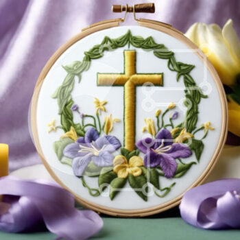 Intra Συλλεκτικό Ξύλινο Παζλ Plywood  4mm - Θρησκευτικό τσέρκι κεντήματος με σταυρό, λουλούδια και κεριά Σε Ξύλινο Κουτί - Διαστάσεις Puzzle: 10x10 cm – 25 κομμάτια - Image 1