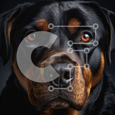 Intra Συλλεκτικό Ξύλινο Παζλ Plywood  4mm - Κοντινό πλάνο του προσώπου του σκύλου Rottweiler σε μαύρο και άσπρο Σε Ξύλινο Κουτί - Διαστάσεις: 10x10 cm – 25 κομμάτια - Image 1