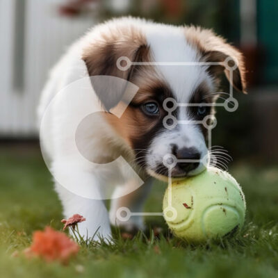 Intra Συλλεκτικό Ξύλινο Παζλ Plywood  4mm - Χαριτωμένη εικόνα ενός σκύλου που παίζει με μπάλα στο πράσινο γρασίδι Σε Ξύλινο Κουτί - Διαστάσεις: 10x10 cm – 25 κομμάτια - Image 1