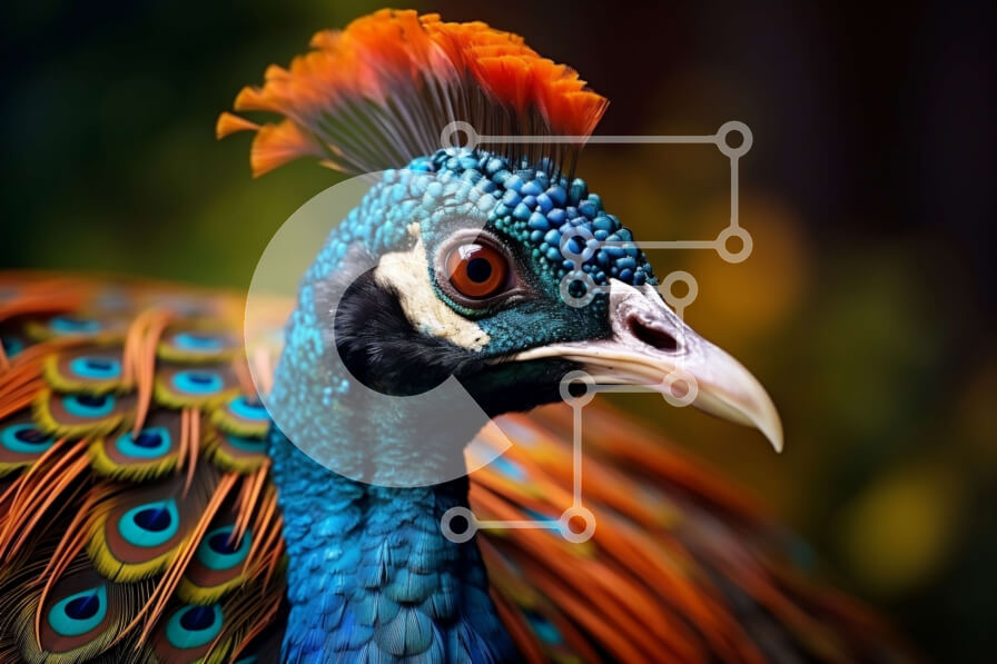 Intra Συλλεκτικό Ξύλινο Παζλ Plywood  4mm - Κοντινή όψη του κεφαλιού ενός παγωνιού με ζωντανά φτερά Σε Ξύλινο Κουτί - Διαστάσεις: 10x10 cm – 25 κομμάτια