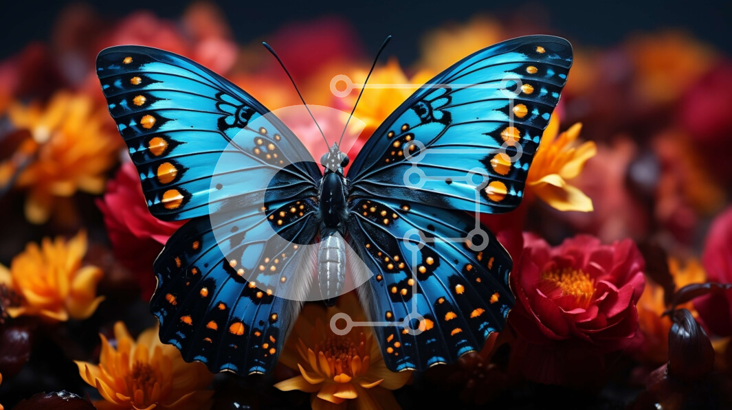 Intra Συλλεκτικό Ξύλινο Παζλ Plywood  4mm - Όμορφη εικόνα μιας μπλε πεταλούδας σκαρφαλωμένης σε ένα πολύχρωμο λουλούδι Σε Ξύλινο Κουτί - Διαστάσεις: 10x10 cm – 25 κομμάτια