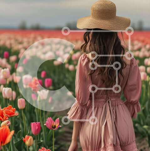 Intra Συλλεκτικό Ξύλινο Παζλ Plywood 4mm - Γυναίκα που στέκεται σε ένα χωράφι με ροζ τουλίπες Σε Ξύλινο Κουτί - Διαστάσεις: 10x10 cm – 25 κομμάτια - Image 1