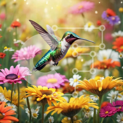 Intra Συλλεκτικό Ξύλινο Παζλ Plywood  4mm - Πολύχρωμο κολίβριο που πετά σε ένα χωράφι με λουλούδια Σε Ξύλινο Κουτί - Διαστάσεις: 10x10 cm – 25 κομμάτια - Image 1