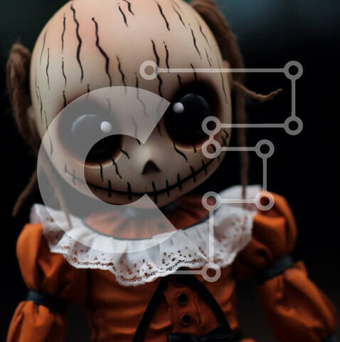 Intra Συλλεκτικό Ξύλινο Παζλ Plywood  4mm - Ανατριχιαστική κούκλα σε πορτοκαλί φόρεμα με ρίγες Σε Ξύλινο Κουτί - Διαστάσεις Puzzle: 10x10 cm – 25 κομμάτια - Image 1