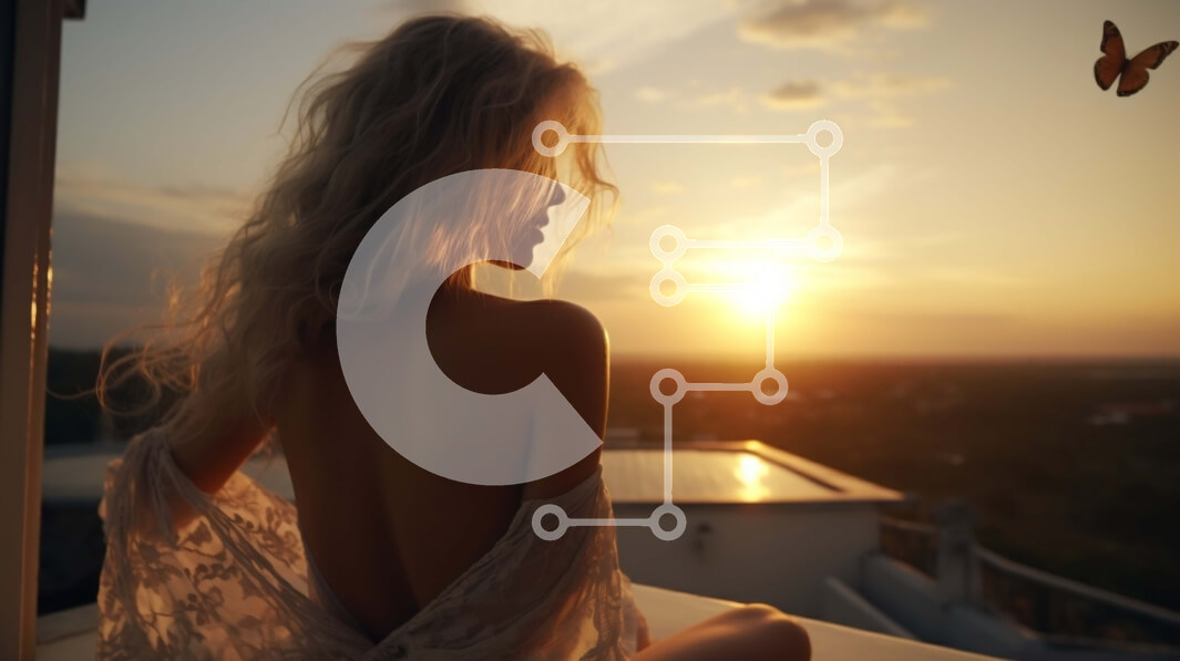 Intra Συλλεκτικό Ξύλινο Παζλ Plywood  4mm - Γυναίκα με λευκό φόρεμα που κάθεται στο μπαλκόνι με θέα στο αστικό τοπίο στο ηλιοβασίλεμα Σε Ξύλινο Κουτί - Διαστάσεις Puzzle: 10x10 cm – 25 κομμάτια