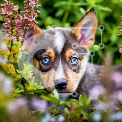 Intra Συλλεκτικό Ξύλινο Παζλ Plywood  4mm - Χαριτωμένο κουτάβι που κρυφοκοιτάζει πίσω από τα μωβ λουλούδια Σε Ξύλινο Κουτί - Διαστάσεις: 10x10 cm – 25 κομμάτια - Image 1