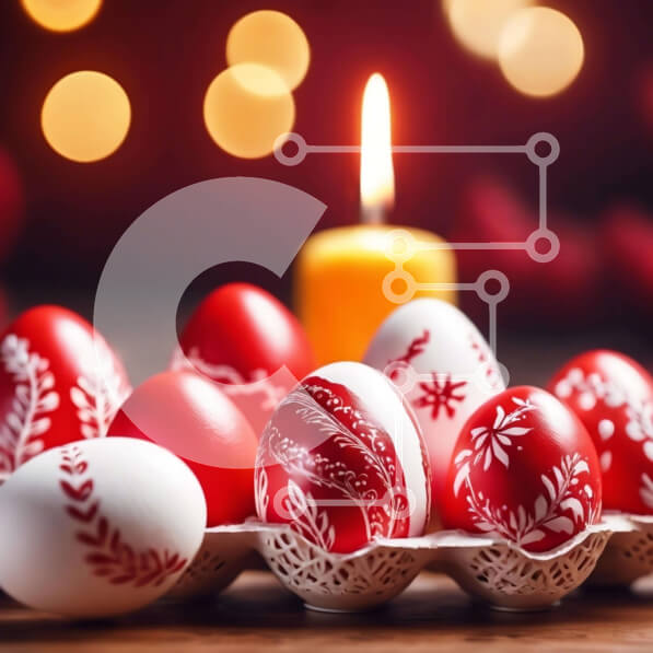 Intra Συλλεκτικό Ξύλινο Παζλ Plywood  4mm - Κόκκινα και λευκά διακοσμημένα πασχαλινά αυγά σε χαρτοκιβώτιο αυγών με κερί Σε Ξύλινο Κουτί - Διαστάσεις: 10x10 cm – 25 κομμάτια