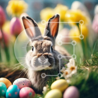 Intra Συλλεκτικό Ξύλινο Παζλ Plywood 4mm - Περίεργο κουνέλι και πολύχρωμα Πασχαλινά αυγά στο γρασίδι Σε Ξύλινο Κουτί - Διαστάσεις: 10x10 cm – 25 κομμάτια - Image 1