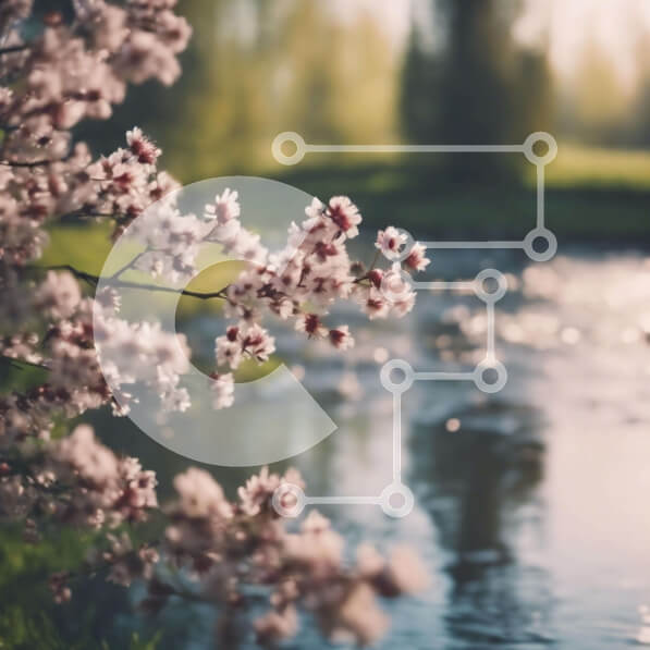 Intra Συλλεκτικό Ξύλινο Παζλ Plywood  4mm - Κλαδί δέντρου με ροζ άνθη και νερό στο λυκόφως Σε Ξύλινο Κουτί - Διαστάσεις: 10x10 cm – 25 κομμάτια